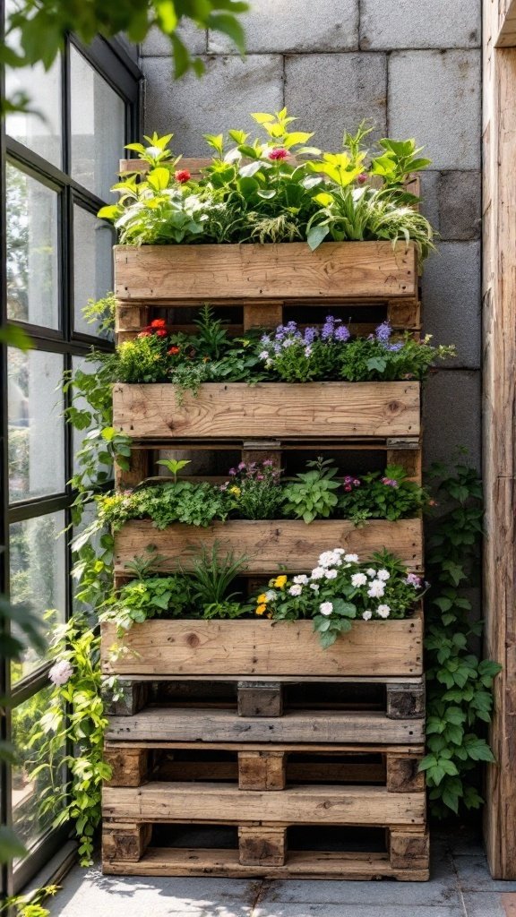 A stacked pallet planter filled with various plants, showcasing a vertical garden idea for small outdoor spaces.