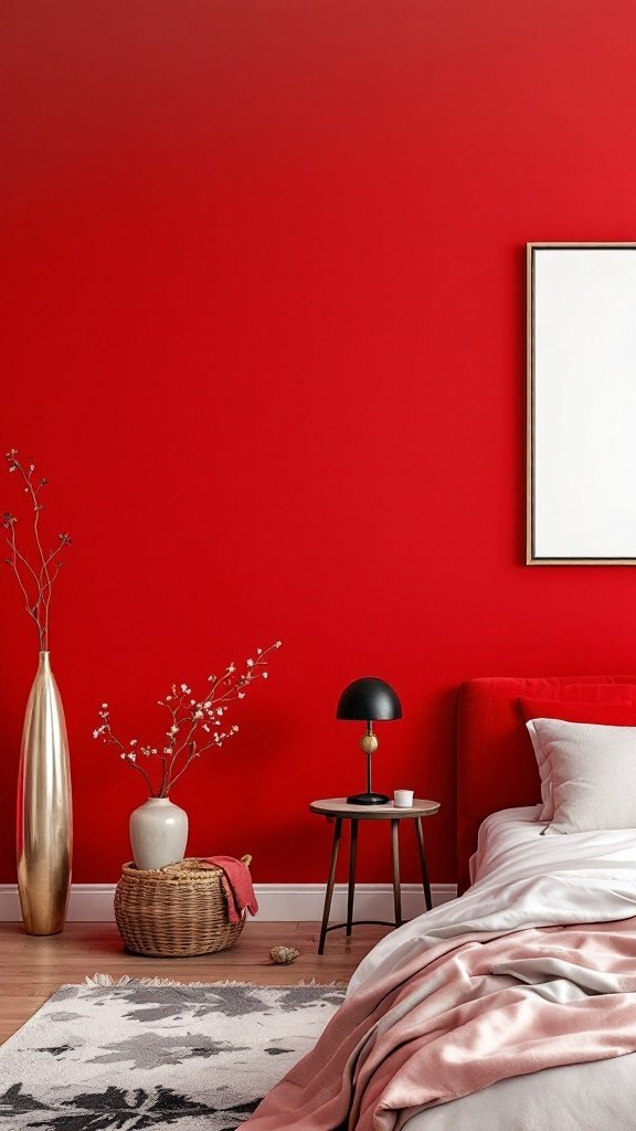 Cozy bedroom with a bold red accent wall and elegant decor.