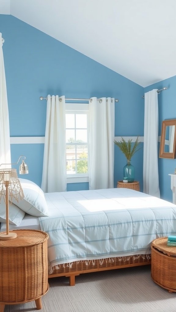 A serene blue bedroom featuring subtle striped bedding, navy blue walls, and natural decor accents.