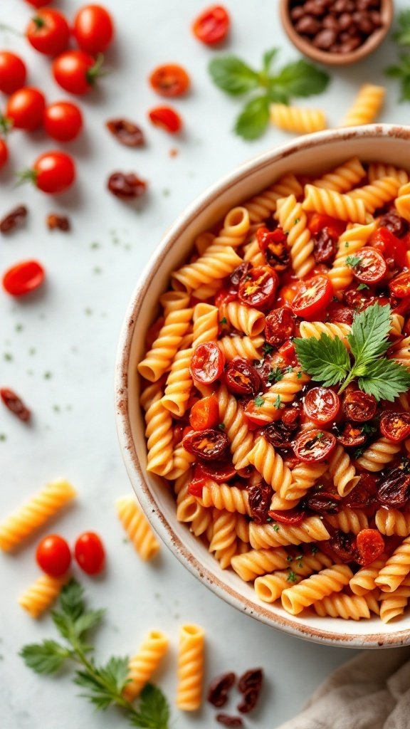 A bowl of sun-dried tomato sauce pasta garnished with fresh herbs and tomatoes.