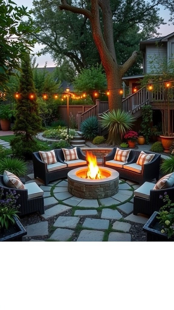 Sunken fire pit surrounded by cozy seating in a backyard garden