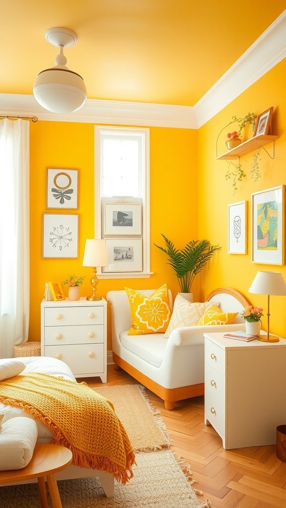 A bright yellow bedroom with white accents, featuring a cozy sofa, decorative pillows, and warm decor