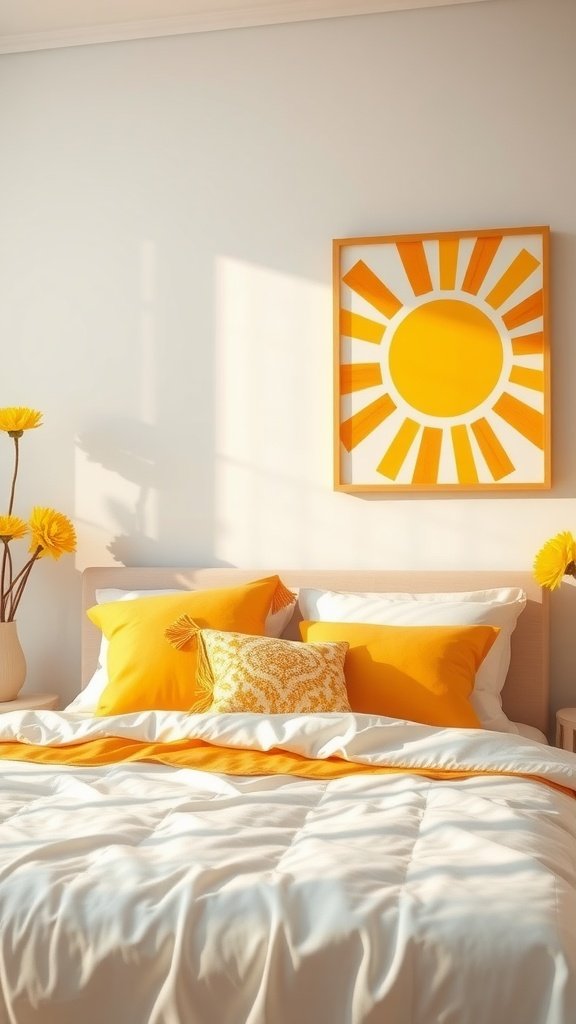 A bright yellow bedroom with sun-themed wall art, yellow pillows, and flowers creating a cheerful atmosphere.