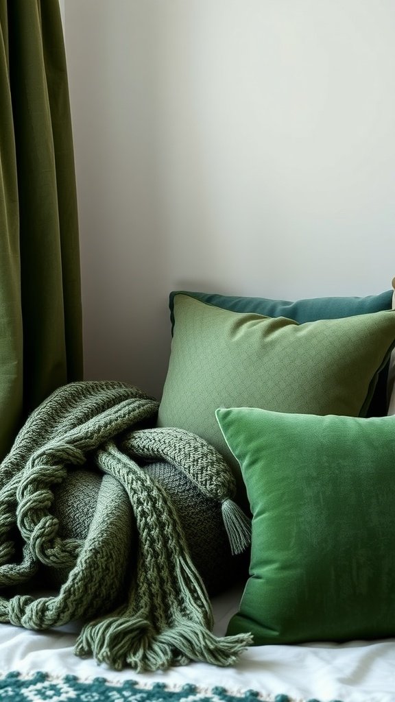 Various green textured fabrics including pillows and a knitted blanket on a bed.