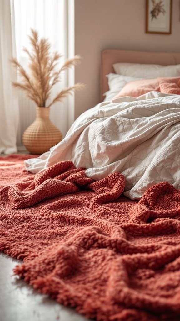 A cozy bedroom featuring a plush red area rug, bed with white linens, and decorative plant.