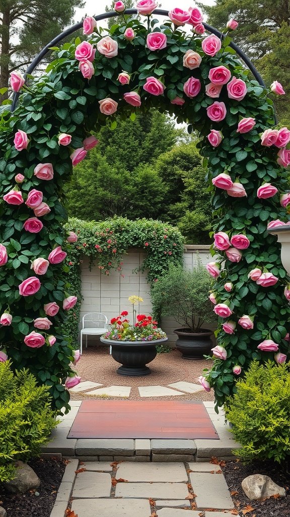 A beautiful garden arch covered with pink climbing roses