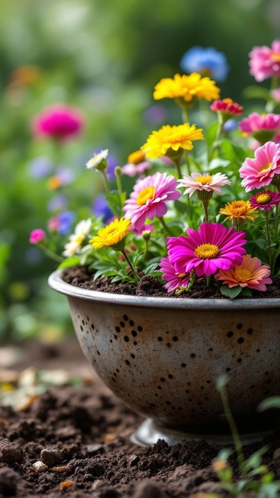 A colander filled with colorful flowers, showcasing a creative container gardening idea.