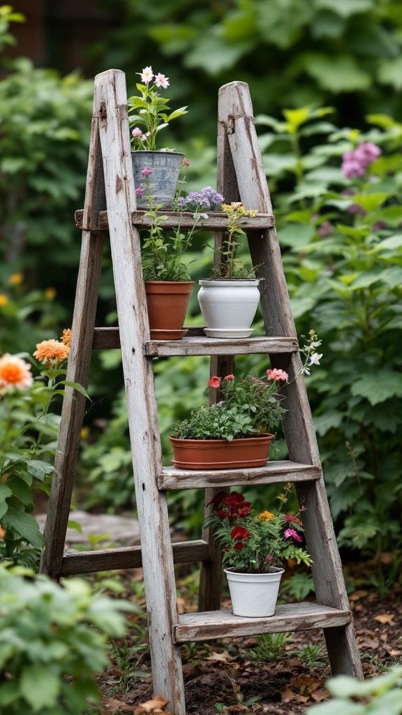 A rustic ladder displaying potted plants in a garden.