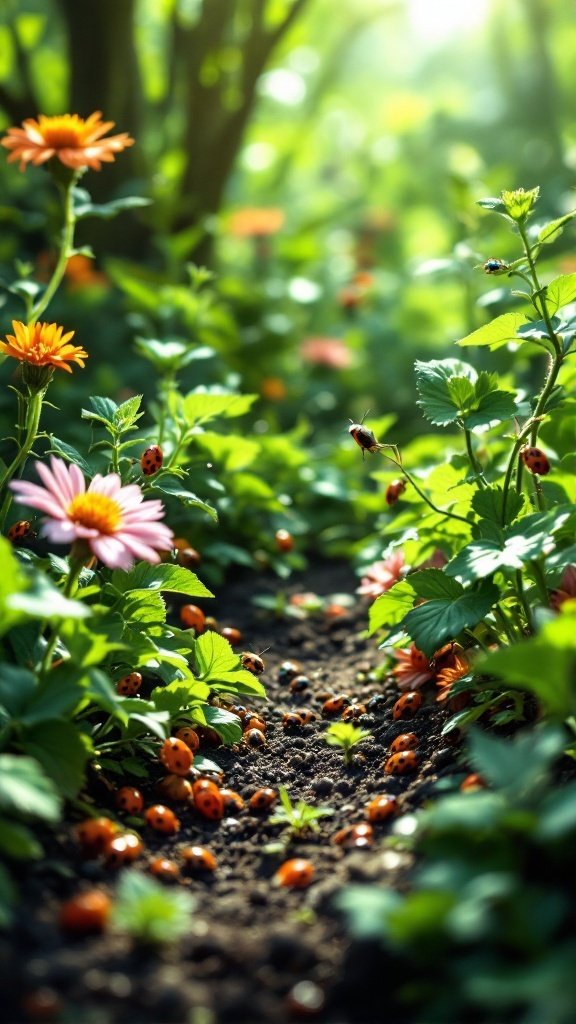 A beautiful garden path lined with flowers and ladybugs, symbolizing natural pest control in gardening.
