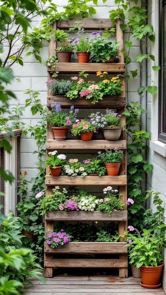 A vertical garden made from a repurposed wooden ladder filled with various potted plants and flowers.