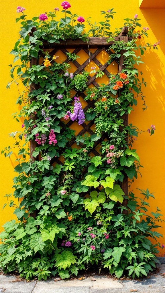 A vertical garden with colorful flowers and greenery growing on a wooden trellis against a bright yellow wall.