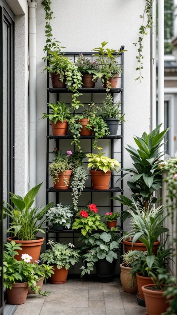 A vertical gardening setup with multiple plants arranged in pots on a tiered shelf.