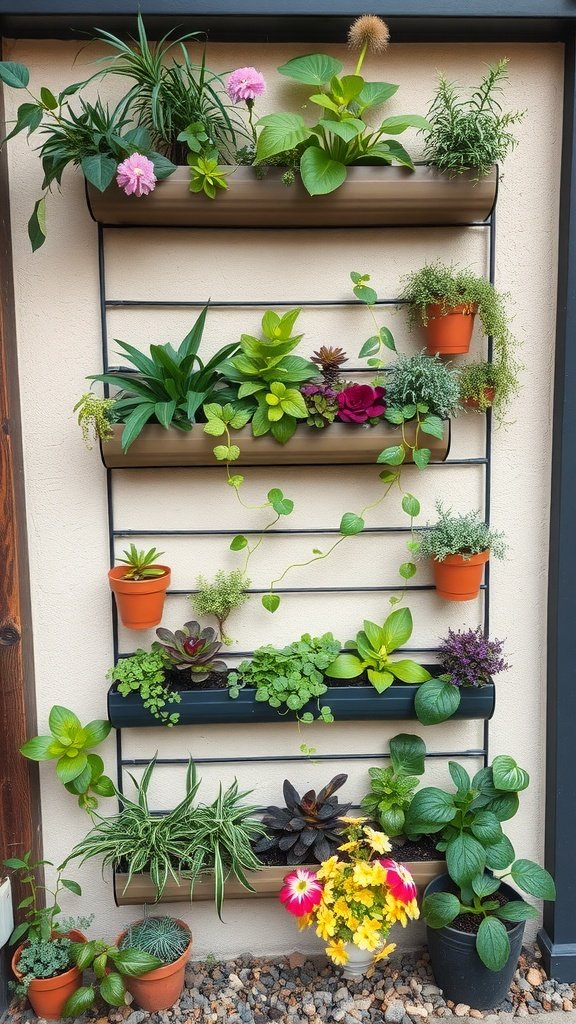 A vertical garden filled with colorful plants arranged in pots against a wall.