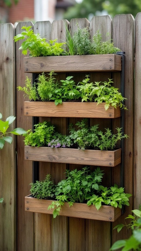 Vertical garden made from wooden planters with various herbs attached to a wooden fence.