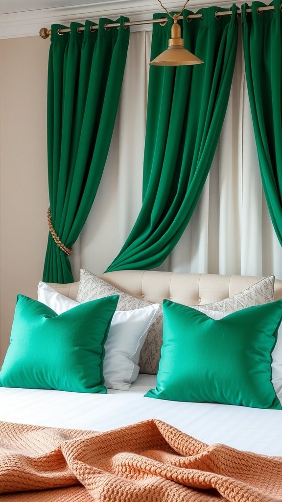 A cozy bedroom featuring emerald green pillows and curtains, creating a vibrant and inviting atmosphere.