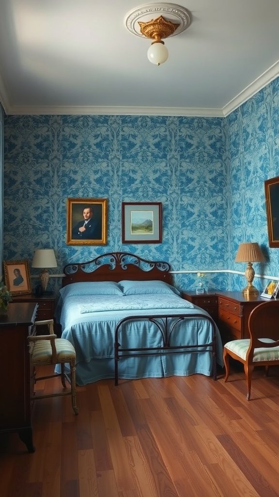 Cozy bedroom with vintage blue floral wallpaper, blue bedding, and warm lighting