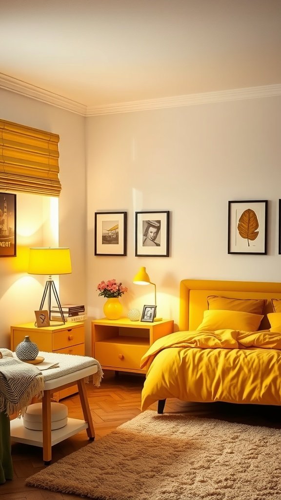 A vintage-inspired modern yellow bedroom featuring bright yellow bedding and decor, with warm lighting and classic furniture.