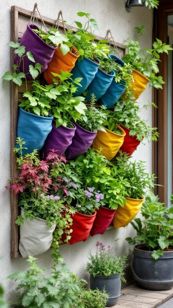 Colorful wall-mounted fabric grow bags filled with various plants.