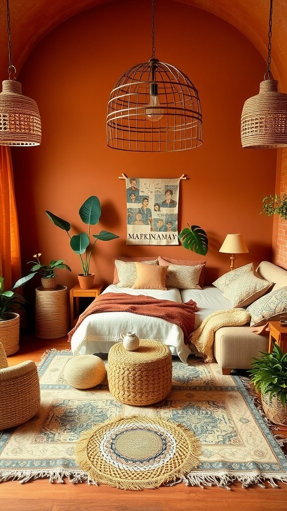 Cozy boho bedroom featuring warm cinnamon brown walls and natural decor elements.