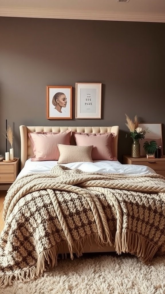 A cozy bedroom featuring warm gray walls and blush accents, with plush pillows and a knitted blanket.