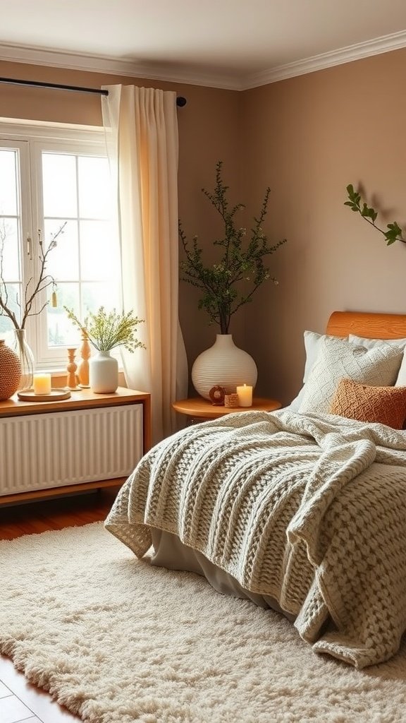 Cozy bedroom featuring warm taupe walls, soft mint accents, and inviting textures.