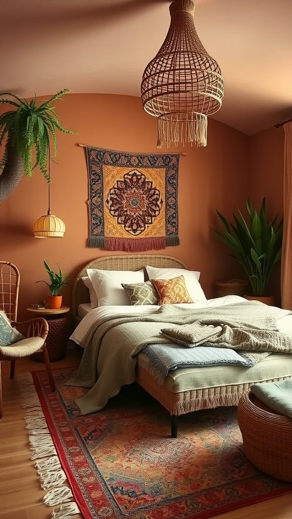 A bohemian-style bedroom featuring warm taupe walls, a textured rug, and vintage decor elements.