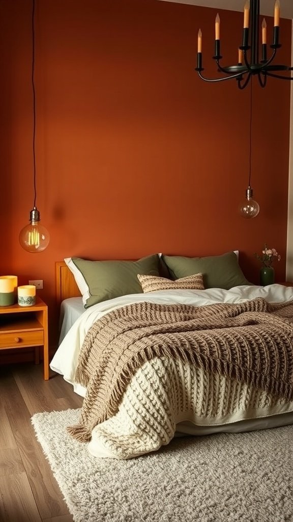 A cozy bedroom featuring warm terracotta walls, olive green accents, and cozy textiles