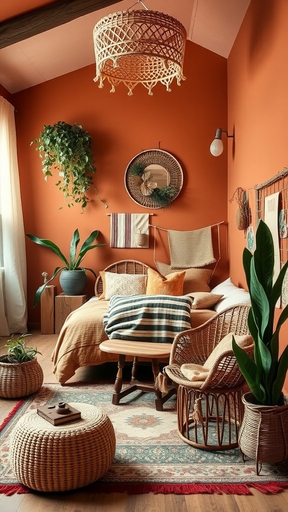 A cozy bohemian bedroom featuring warm terracotta walls and vintage decor.