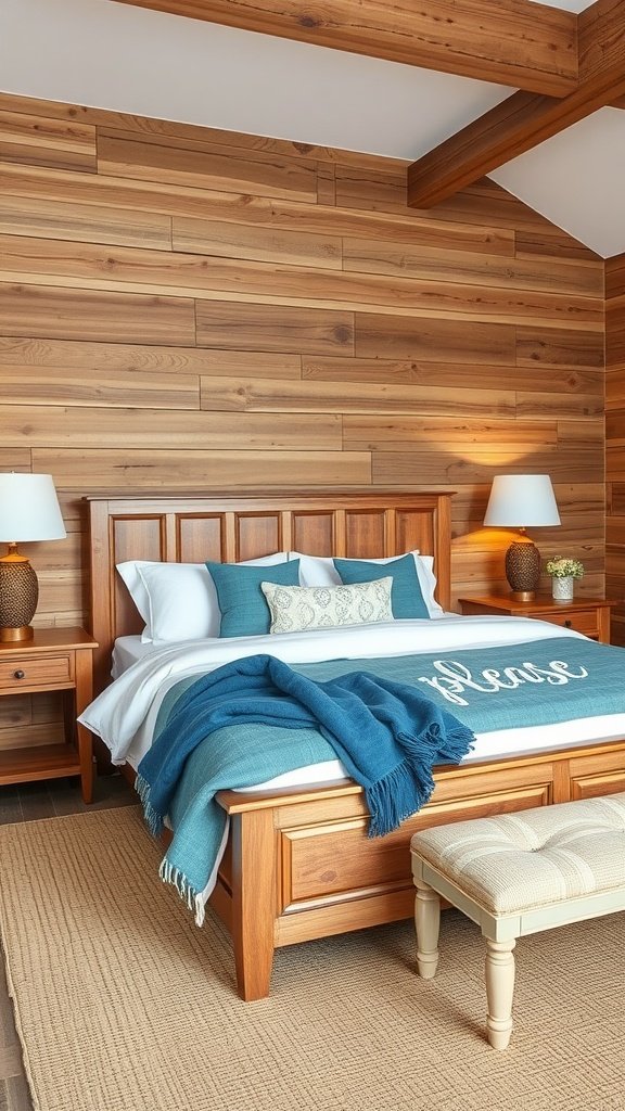 A serene blue bedroom featuring weathered wood finishes, showcasing a calming coastal vibe.