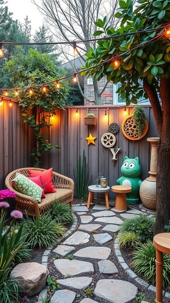 A cozy backyard garden with whimsical art, string lights, and lush plants.