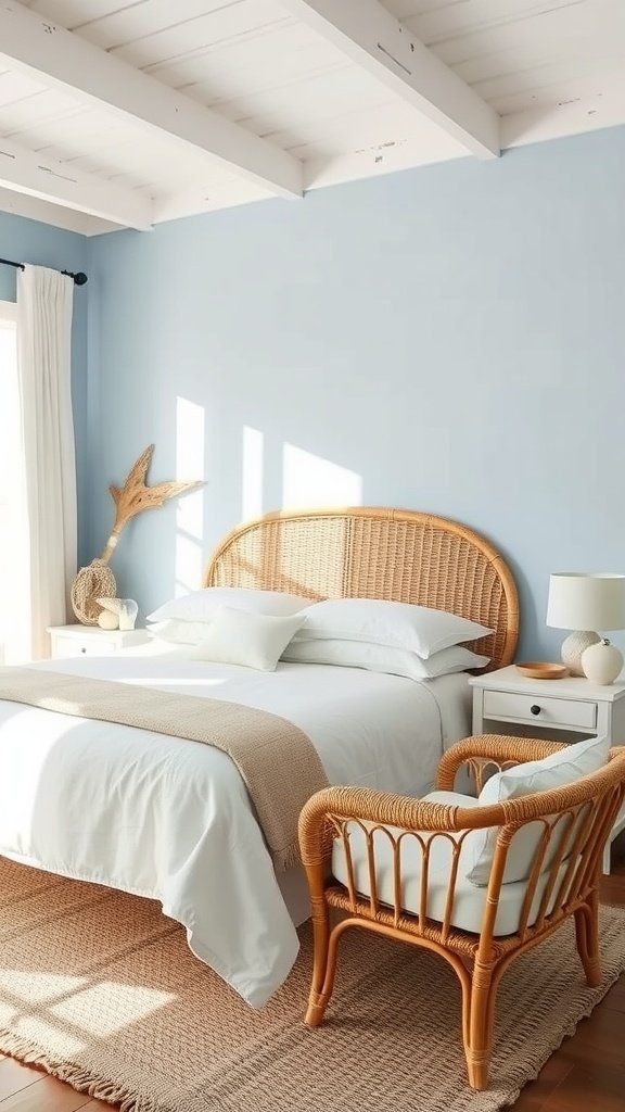 A serene blue bedroom featuring woven rattan furniture, including a headboard and chair, with soft white bedding and natural decor.