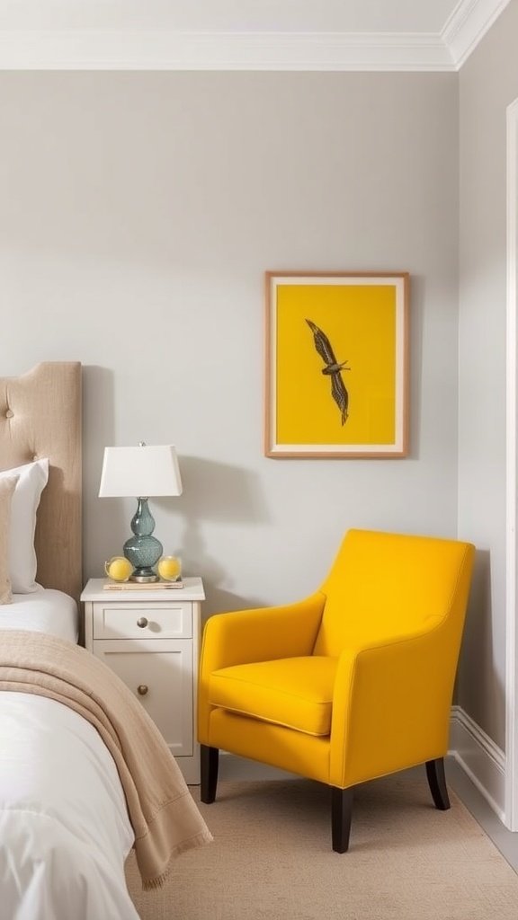 A yellow accent chair in a bedroom setting with neutral bedding and decor.
