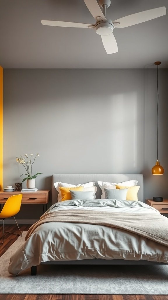 A stylish bedroom featuring a yellow and grey color palette with a grey bedspread, yellow pillows, and a bright yellow chair.