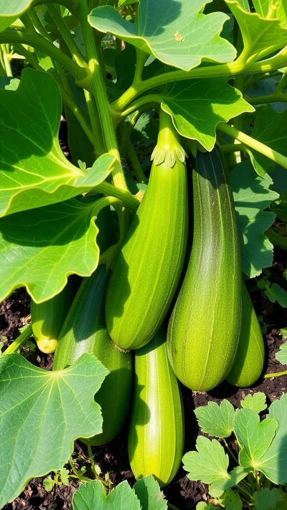 A close-up of zucchini plants with green zucchinis growing among large leaves.