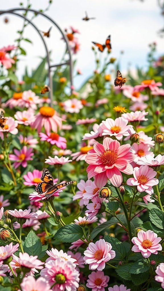 A colorful garden filled with pink flowers and butterflies fluttering around.
