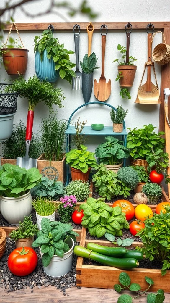 A charming kitchen garden filled with various herbs, vegetables, and gardening tools.