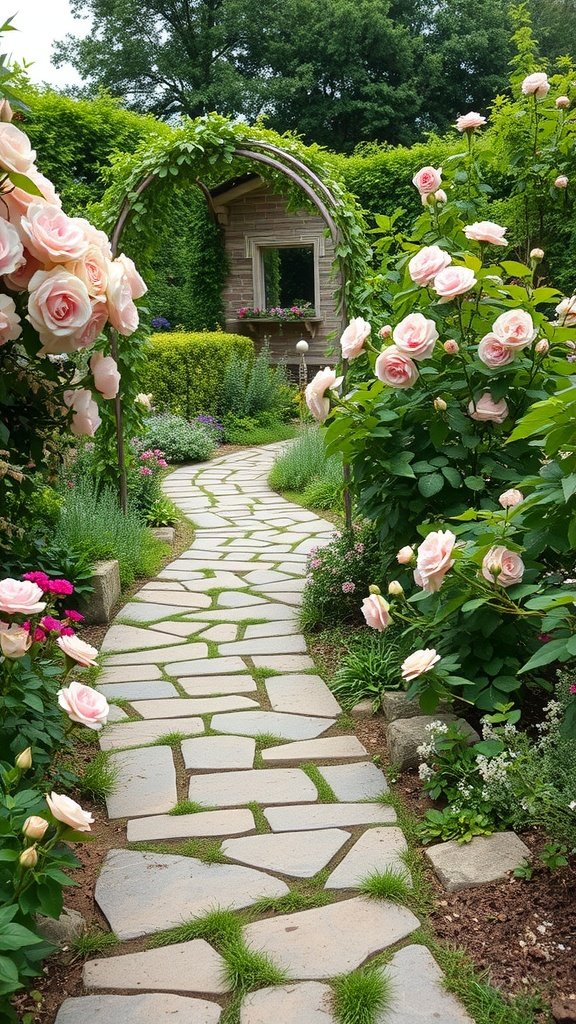 A beautiful rustic garden path made of stone, lined with pink roses and lush greenery, leading to a cozy garden shed.
