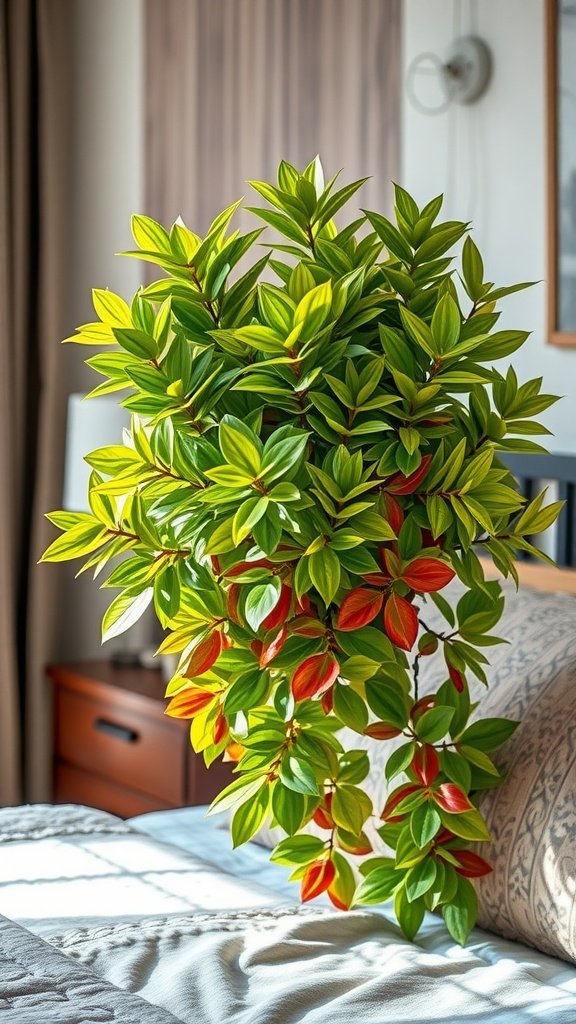 A vibrant Chinese Evergreen plant in a cozy bedroom setting