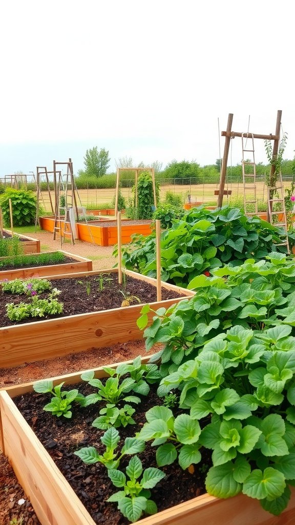 A vibrant raised bed garden with various plants arranged for companion planting.