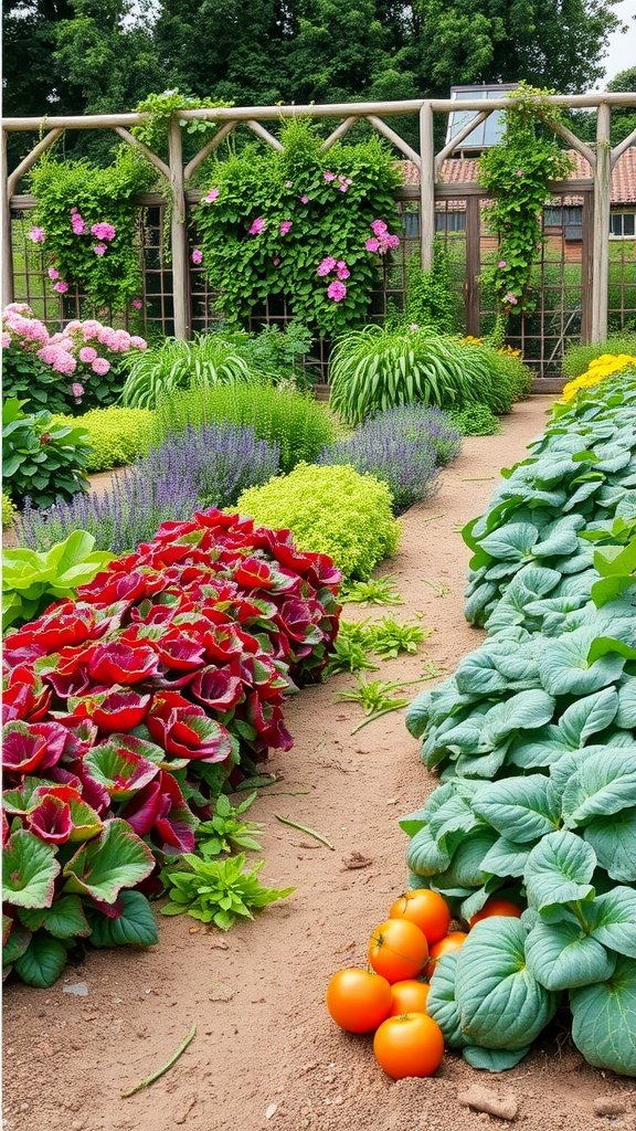 A vibrant cottage garden vegetable patch featuring colorful vegetables and lush greenery.