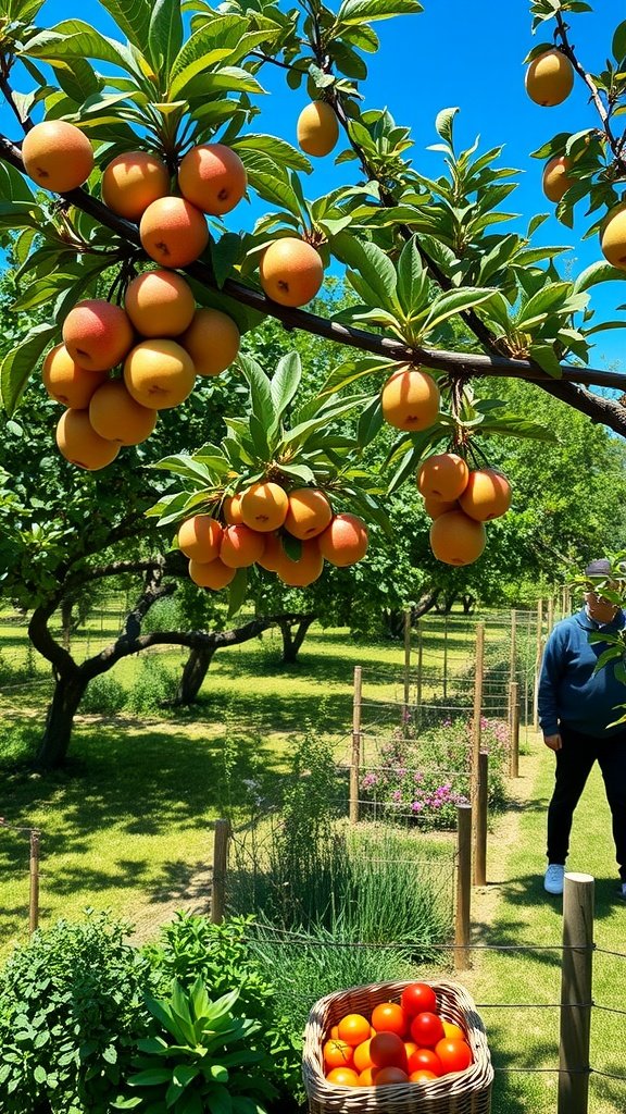 A bright orchard filled with fruit-bearing trees and a basket of tomatoes in the foreground.