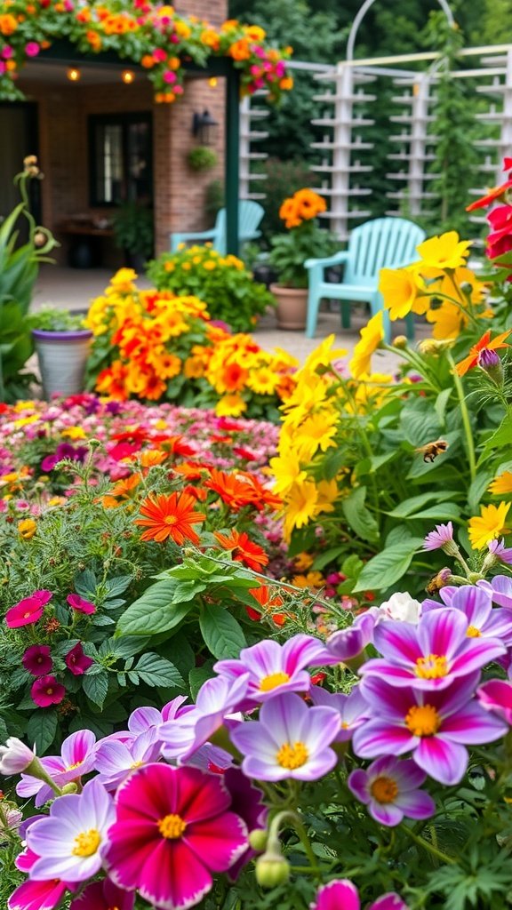 A colorful edible flower garden with various blooming flowers.