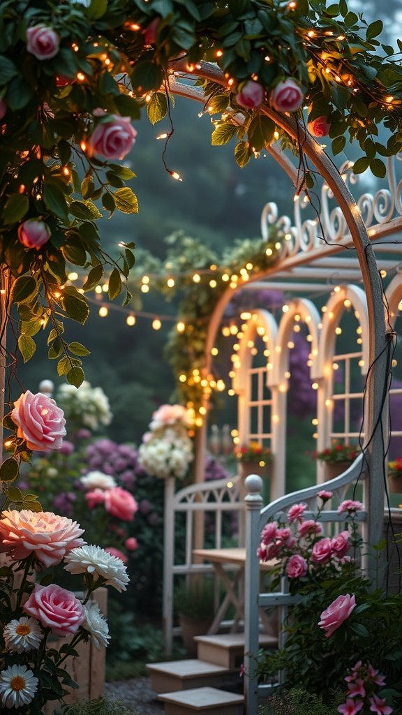 A whimsical garden with fairy lights, roses, and cozy seating, capturing the essence of the cottagecore aesthetic.