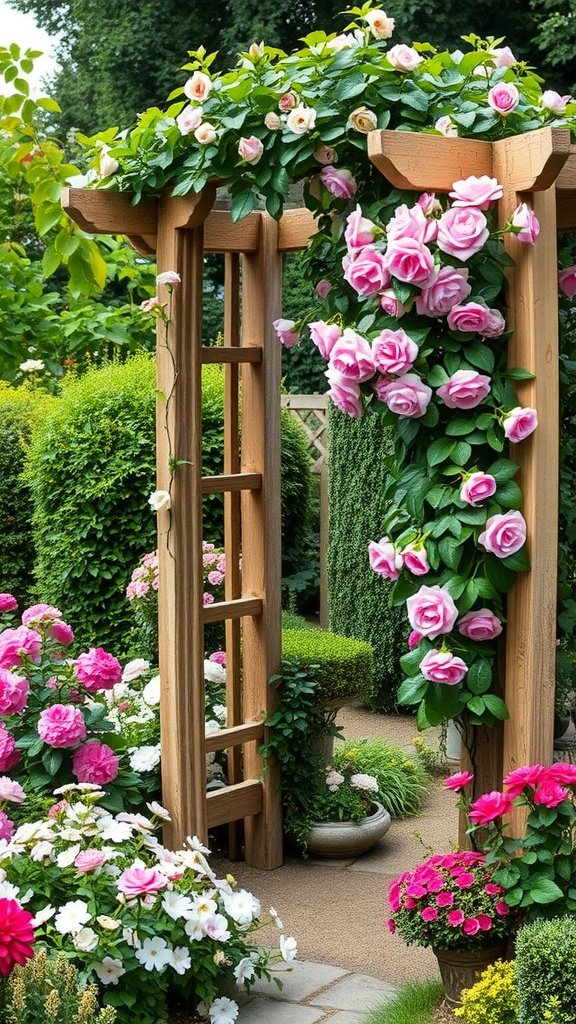 A wooden garden trellis with climbing pink roses surrounded by colorful flowering plants.