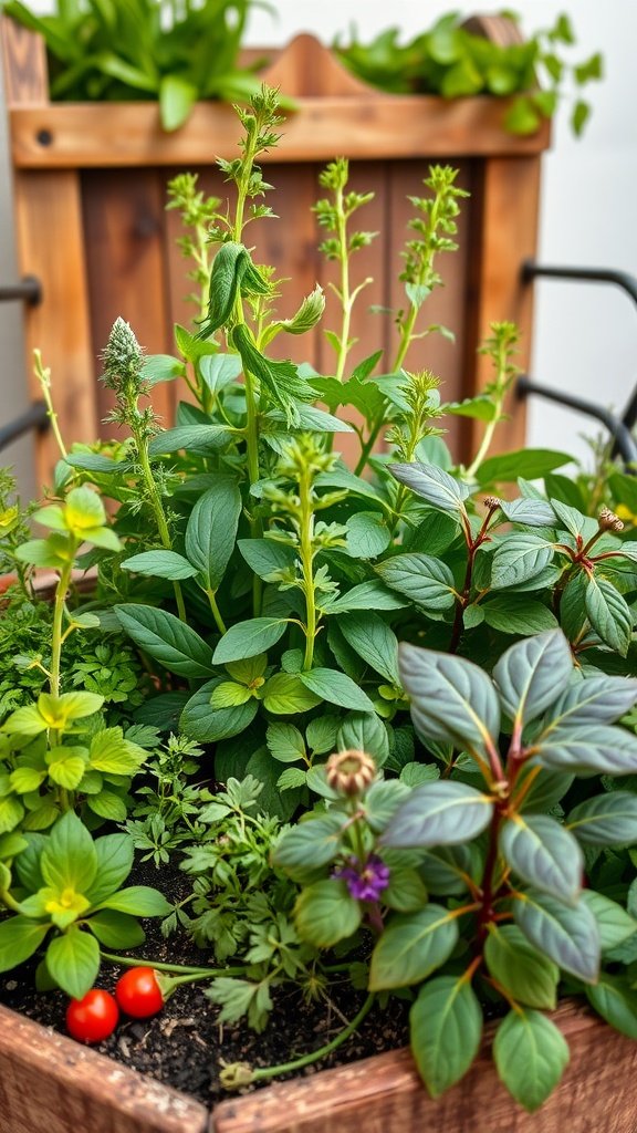 A beautiful edible garden with various herbs and vegetables, showcasing colorful plants and garden markers.
