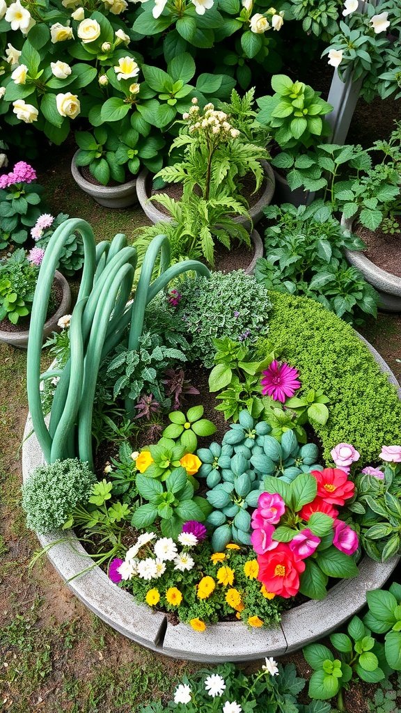 A vibrant herb spiral garden featuring green onions, colorful flowers, and various herbs in a circular arrangement.