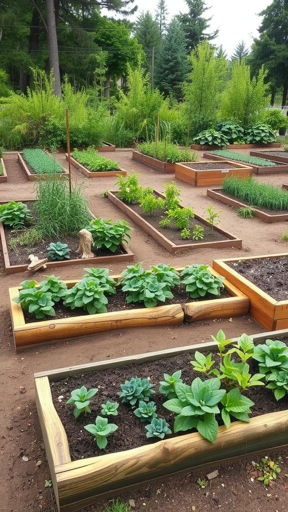 Hugelkultur raised bed garden with various plants and herbs growing.