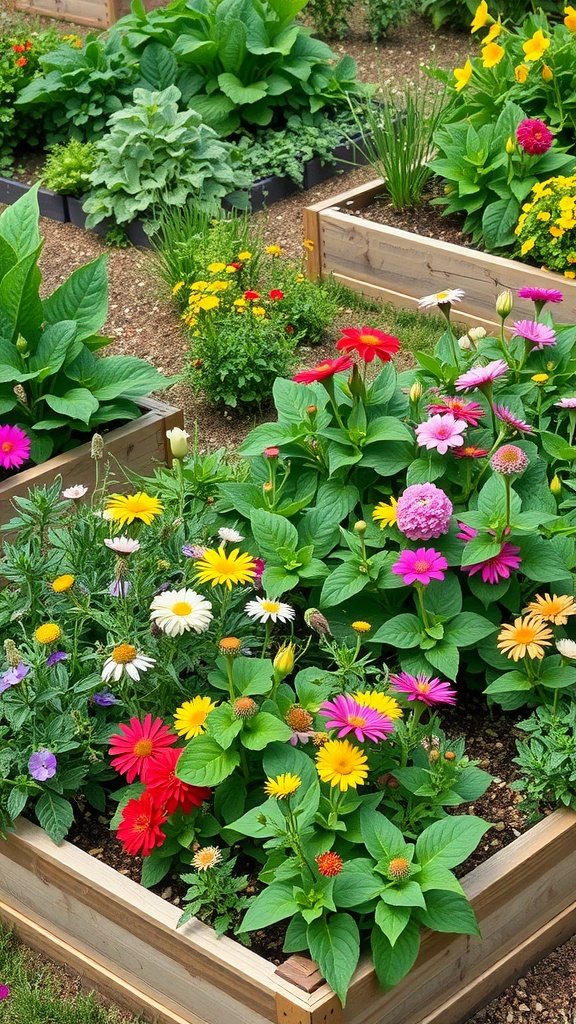 A colorful raised bed garden filled with a variety of edible flowers and vegetables.
