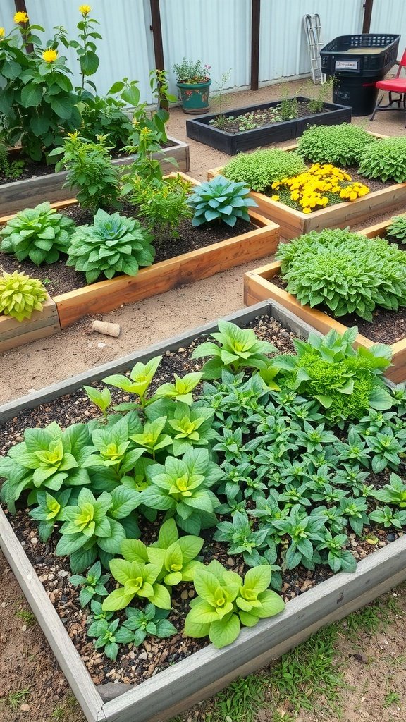 A raised bed garden filled with a variety of green plants, showcasing an intercropping design.