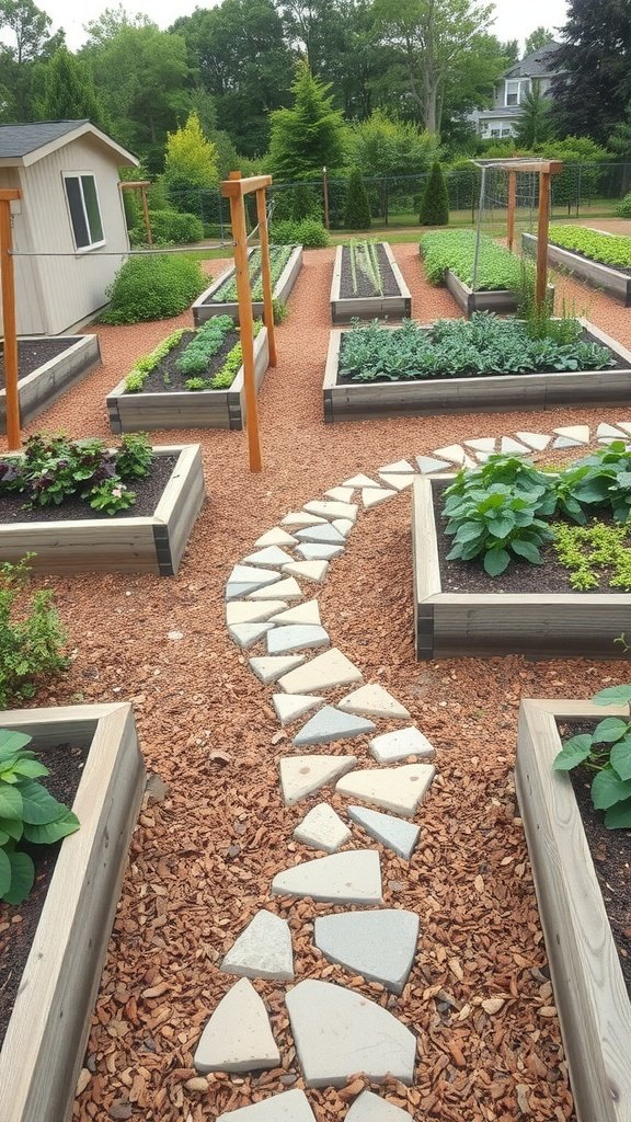 A garden layout showing raised beds with a winding stone pathway.